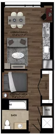 Rendering of the Studio-5aE floor plan with a Studio bedroom and 1 bathroom[s] at Parc Riverside