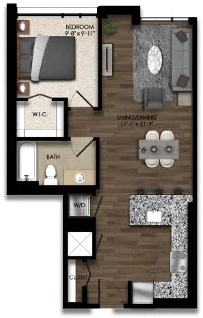 Rendering of the 1 Bed/1 Bath-11E floor plan with 1 bedroom[s] and 1 bathroom[s] at Parc Riverside
