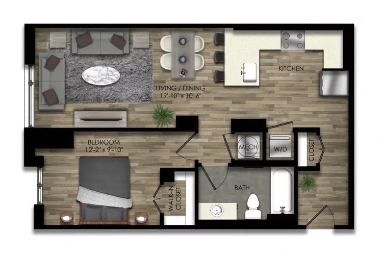 Rendering of the 1 Bed/1 Bath-32W floor plan with 1 bedroom[s] and 1 bathroom[s] at Parc Riverside