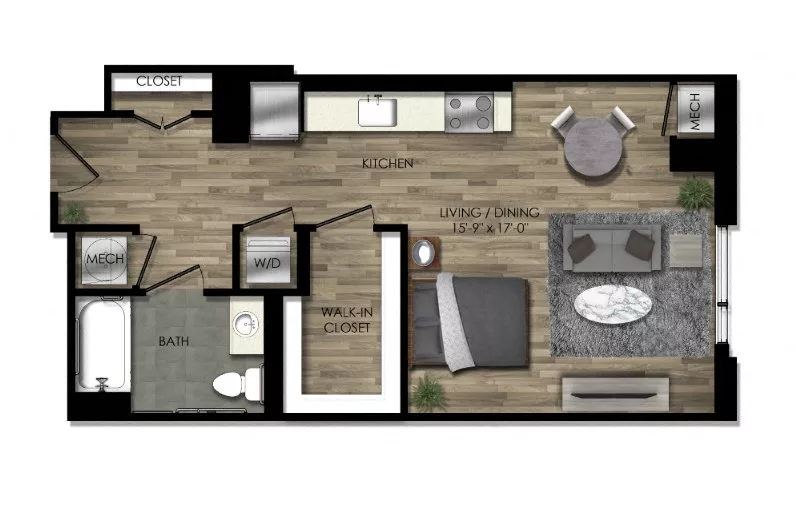 Rendering of the Studio-26W floor plan with a Studio bedroom and 1 bathroom[s] at Parc Riverside