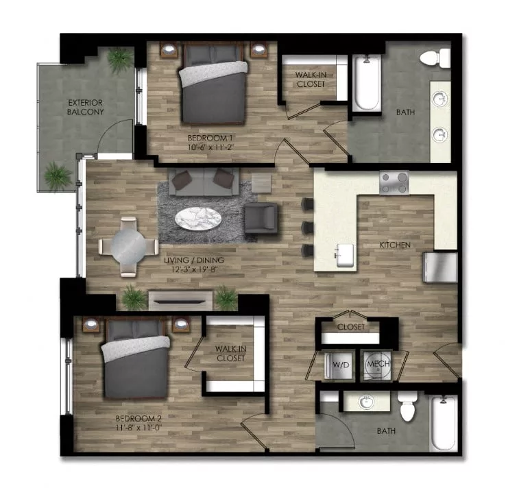 Rendering of the 2 Bed/2 Bath-29W floor plan with 2 bedroom[s] and 2 bathroom[s] at Parc Riverside