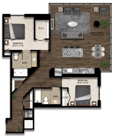 Rendering of the 2 Bed/2 Bath-1E floor plan with 2 bedroom[s] and 2 bathroom[s] at Parc Riverside