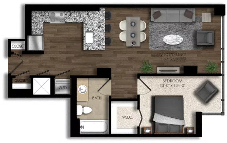 Rendering of the 1 Bed/1 Bath-5E floor plan with 1 bedroom[s] and 1 bathroom[s] at Parc Riverside