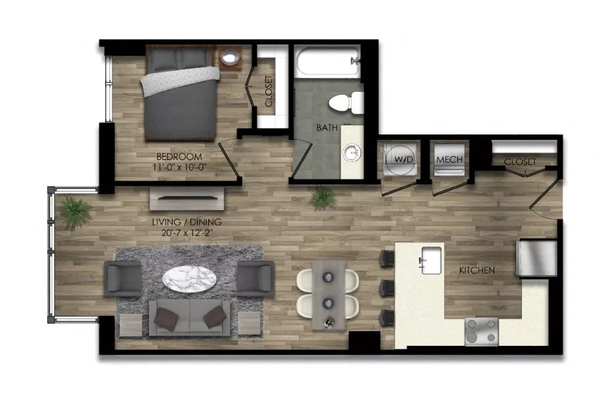 Rendering of the 1 Bed/1 Bath-21W floor plan with 1 bedroom[s] and 1 bathroom[s] at Parc Riverside