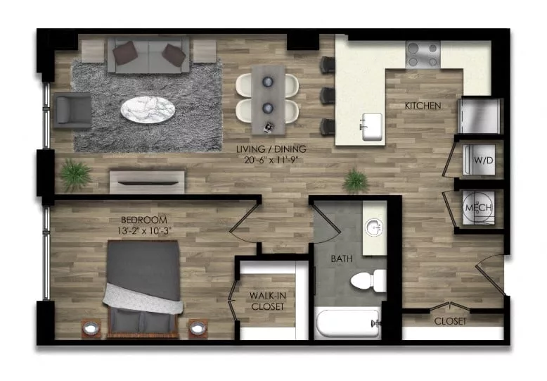 Rendering of the 1 Bed/1 Bath-31W floor plan with 1 bedroom[s] and 1 bathroom[s] at Parc Riverside