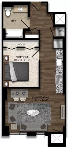 Rendering of the 1 Bed/1 Bath JR-7E floor plan with 1 bedroom[s] and 1 bathroom[s] at Parc Riverside