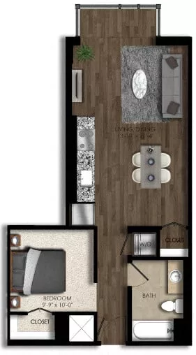 Rendering of the 1 Bed/1 Bath JR-1E floor plan with 1 bedroom[s] and 1 bathroom[s] at Parc Riverside