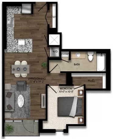 Rendering of the 1 Bed/1 Bath-4E floor plan with 1 bedroom[s] and 1 bathroom[s] at Parc Riverside