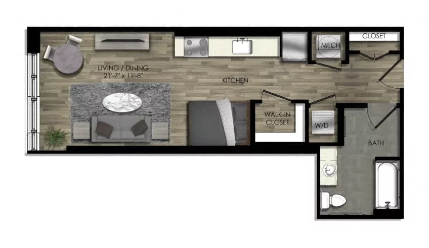 Rendering of the Studio-25W floor plan with a Studio bedroom and 1 bathroom[s] at Parc Riverside
