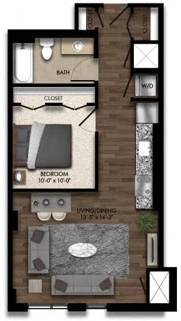 Rendering of the 1 Bed/1 Bath JR-3E floor plan with 1 bedroom[s] and 1 bathroom[s] at Parc Riverside