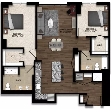 Rendering of the 2 Bed/2 Bath-5E floor plan with 2 bedroom[s] and 2 bathroom[s] at Parc Riverside