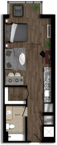 Rendering of the Studio-1E floor plan with a Studio bedroom and 1 bathroom[s] at Parc Riverside
