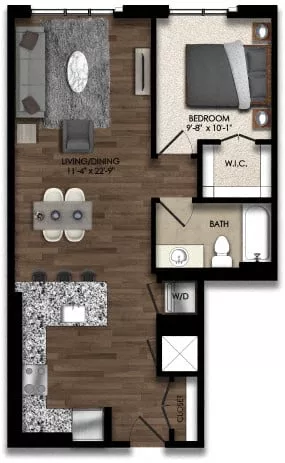 Rendering of the 1 Bed/1 Bath-8E floor plan with 1 bedroom[s] and 1 bathroom[s] at Parc Riverside