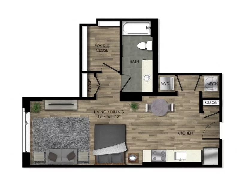 Rendering of the Studio-27W floor plan with a Studio bedroom and 1 bathroom[s] at Parc Riverside