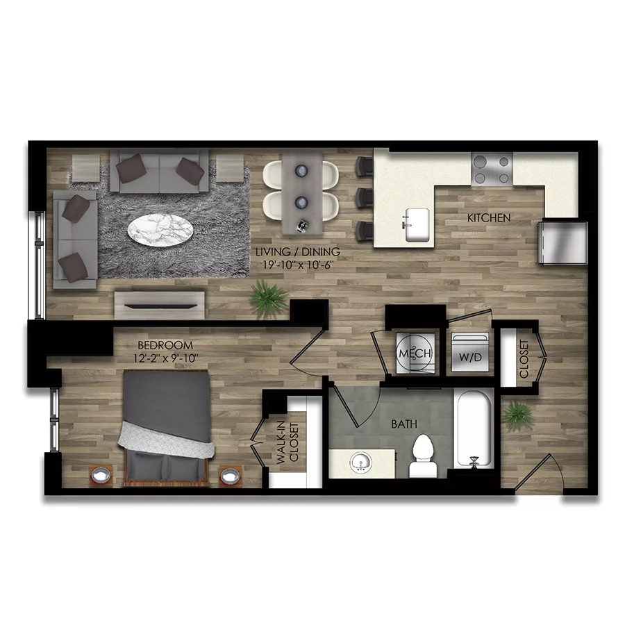 Rendering of the 1BR32W floor plan with 1 bedroom[s] and 1 bathroom[s] at Parc Riverside