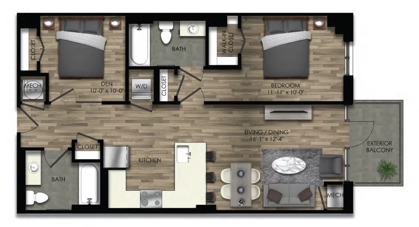 Rendering of the 1 Bed/2 Bath Den-22W floor plan with 1 bedroom[s] and 2 bathroom[s] at Parc Riverside