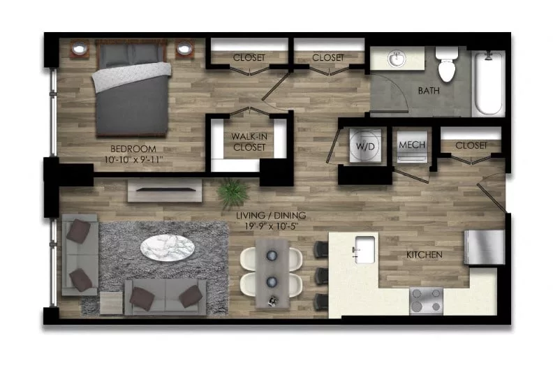 Rendering of the 1 Bed/1 Bath-25W floor plan with 1 bedroom[s] and 1 bathroom[s] at Parc Riverside