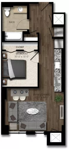 Rendering of the 1 Bed/1 Bath JR-4E floor plan with 1 bedroom[s] and 1 bathroom[s] at Parc Riverside