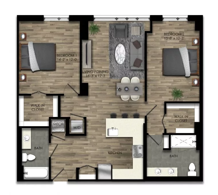 Rendering of the 2 Bed/2 Bath-27W floor plan with 2 bedroom[s] and 2 bathroom[s] at Parc Riverside