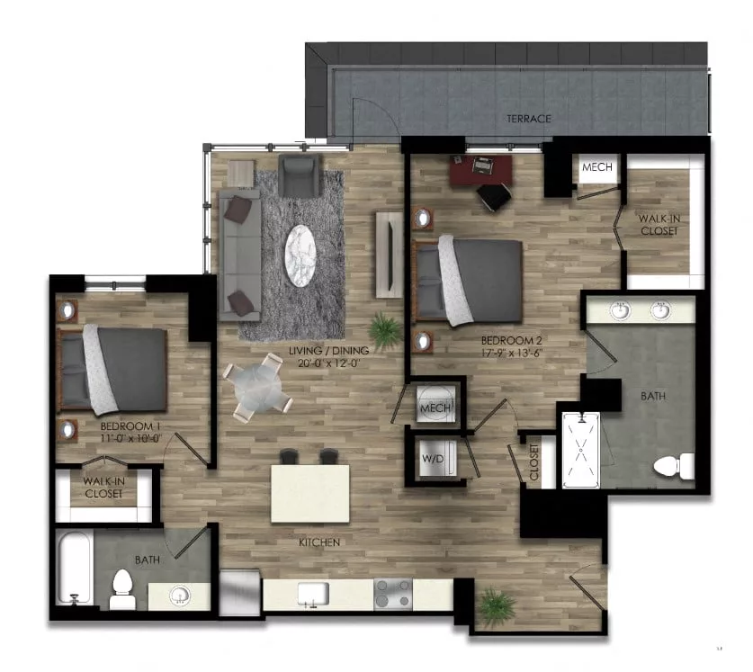 Rendering of the 2 Bed/2 Bath-26W floor plan with 2 bedroom[s] and 2 bathroom[s] at Parc Riverside