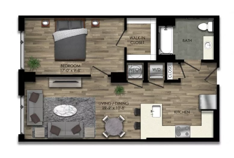 Rendering of the 1 Bed/1 Bath-30W floor plan with 1 bedroom[s] and 1 bathroom[s] at Parc Riverside