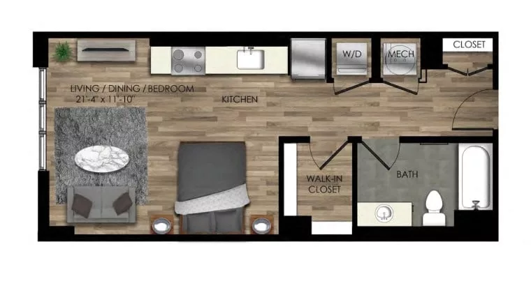 Rendering of the Studio-21W floor plan with a Studio bedroom and 1 bathroom[s] at Parc Riverside