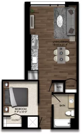 Rendering of the 1 Bed/1 Bath JR-5E floor plan with 1 bedroom[s] and 1 bathroom[s] at Parc Riverside