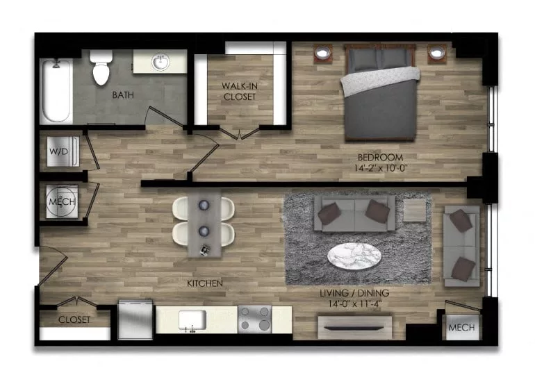 Rendering of the 1 Bed/1 Bath-27W floor plan with 1 bedroom[s] and 1 bathroom[s] at Parc Riverside