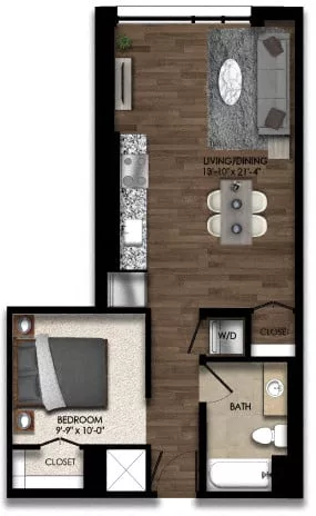 Rendering of the 1 Bed/1 Bath JR-5E floor plan with 1 bedroom[s] and 1 bathroom[s] at Parc Riverside