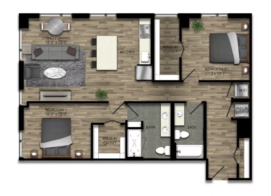 Rendering of the 2 Bed/2 Bath-28W floor plan with 2 bedroom[s] and 2 bathroom[s] at Parc Riverside