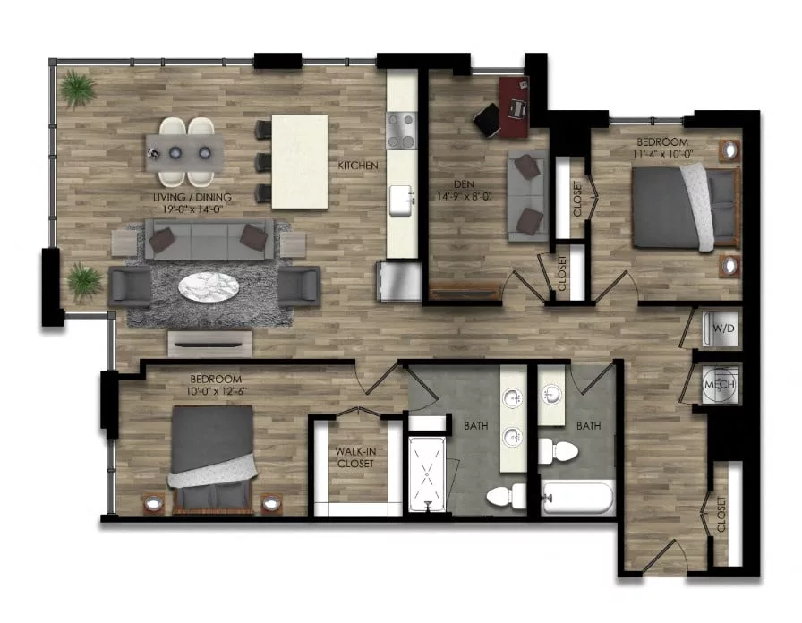 Rendering of the 2 Bed/2 Bath Den-20W floor plan with 2 bedroom[s] and 2 bathroom[s] at Parc Riverside