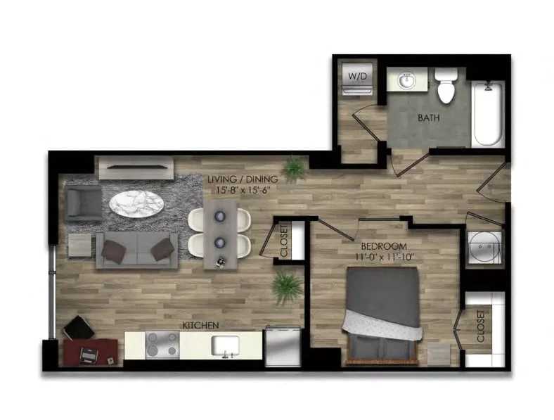 Rendering of the 1 Bed/1 Bath JR-21W floor plan with 1 bedroom[s] and 1 bathroom[s] at Parc Riverside