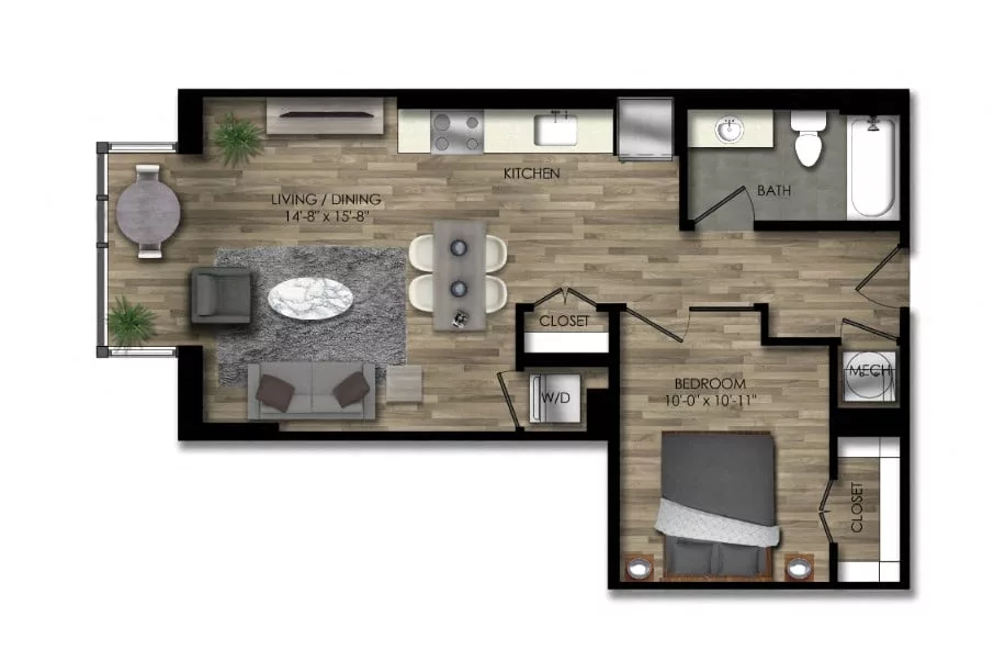 Rendering of the 1 Bed/1 Bath JR-23W floor plan with 1 bedroom[s] and 1 bathroom[s] at Parc Riverside