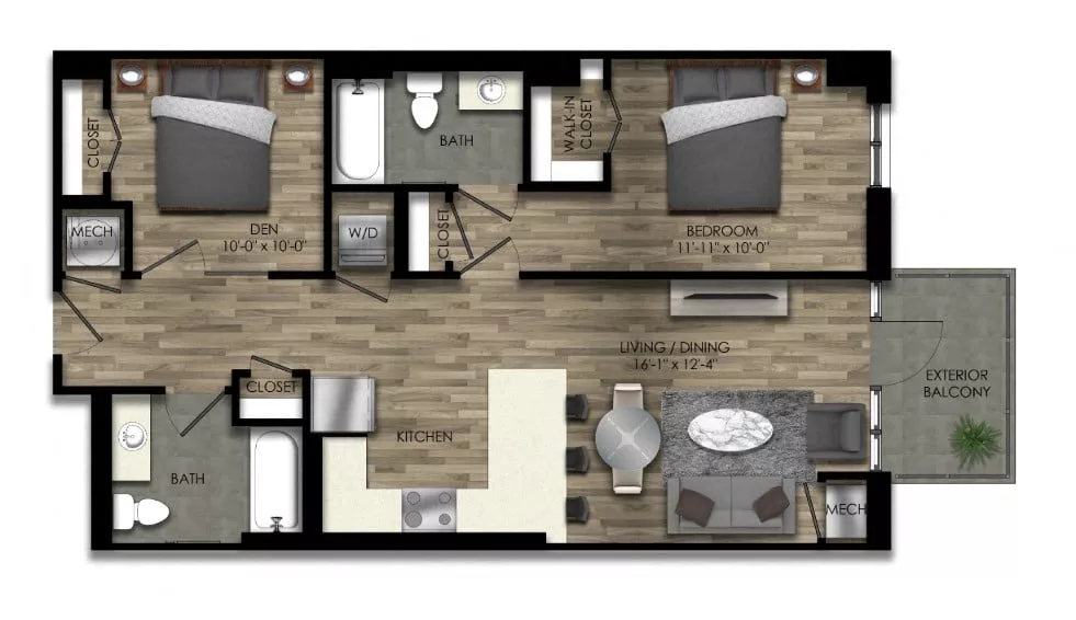 Rendering of the 1 Bed/2 Bath Den-23W floor plan with 1 bedroom[s] and 2 bathroom[s] at Parc Riverside