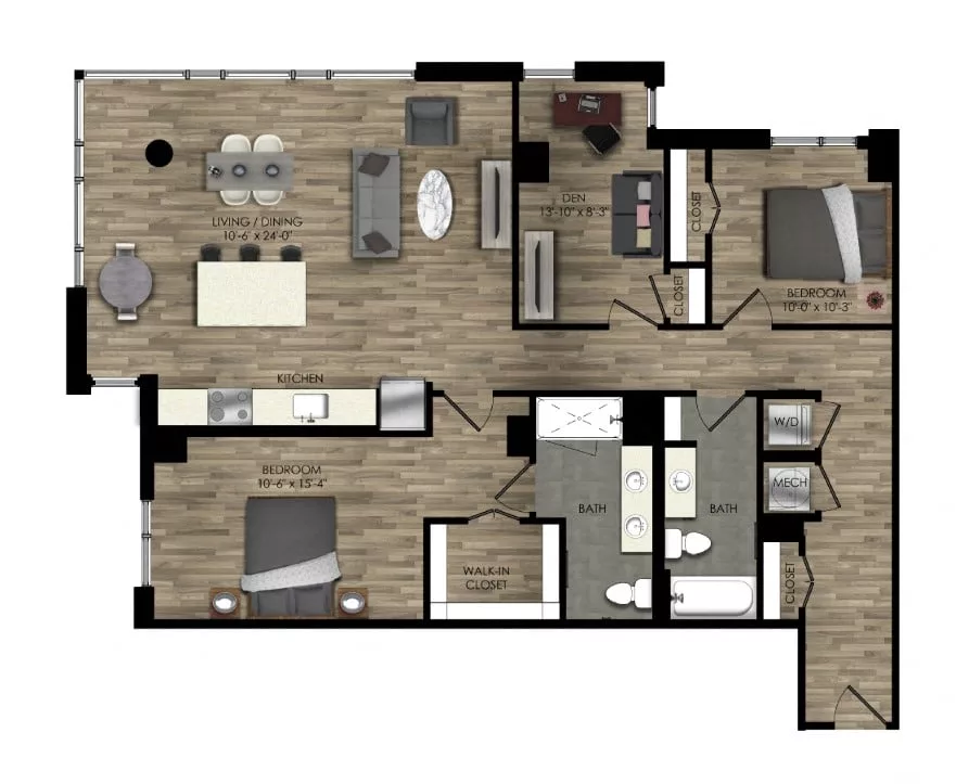 Rendering of the 2 Bed/2 Bath Den-21W floor plan with 2 bedroom[s] and 2 bathroom[s] at Parc Riverside