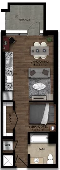Rendering of the Studio-5bE floor plan with a Studio bedroom and 1 bathroom[s] at Parc Riverside