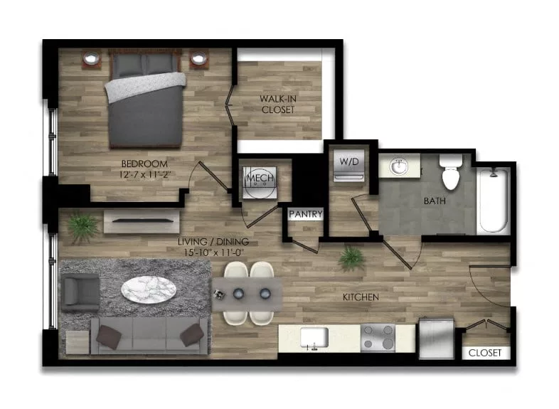Rendering of the 1 Bed/1 Bath-34W floor plan with 1 bedroom[s] and 1 bathroom[s] at Parc Riverside