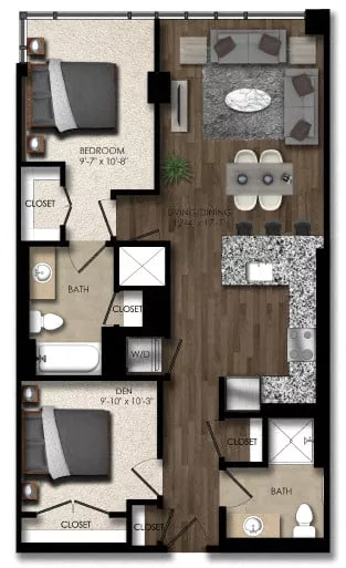 Rendering of the 1 Bed/2 Bath Den-3E floor plan with 1 bedroom[s] and 2 bathroom[s] at Parc Riverside