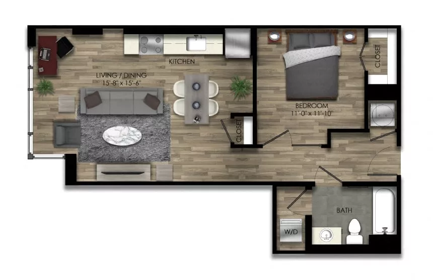 Rendering of the 1 Bed/1 Bath JR-20W floor plan with 1 bedroom[s] and 1 bathroom[s] at Parc Riverside