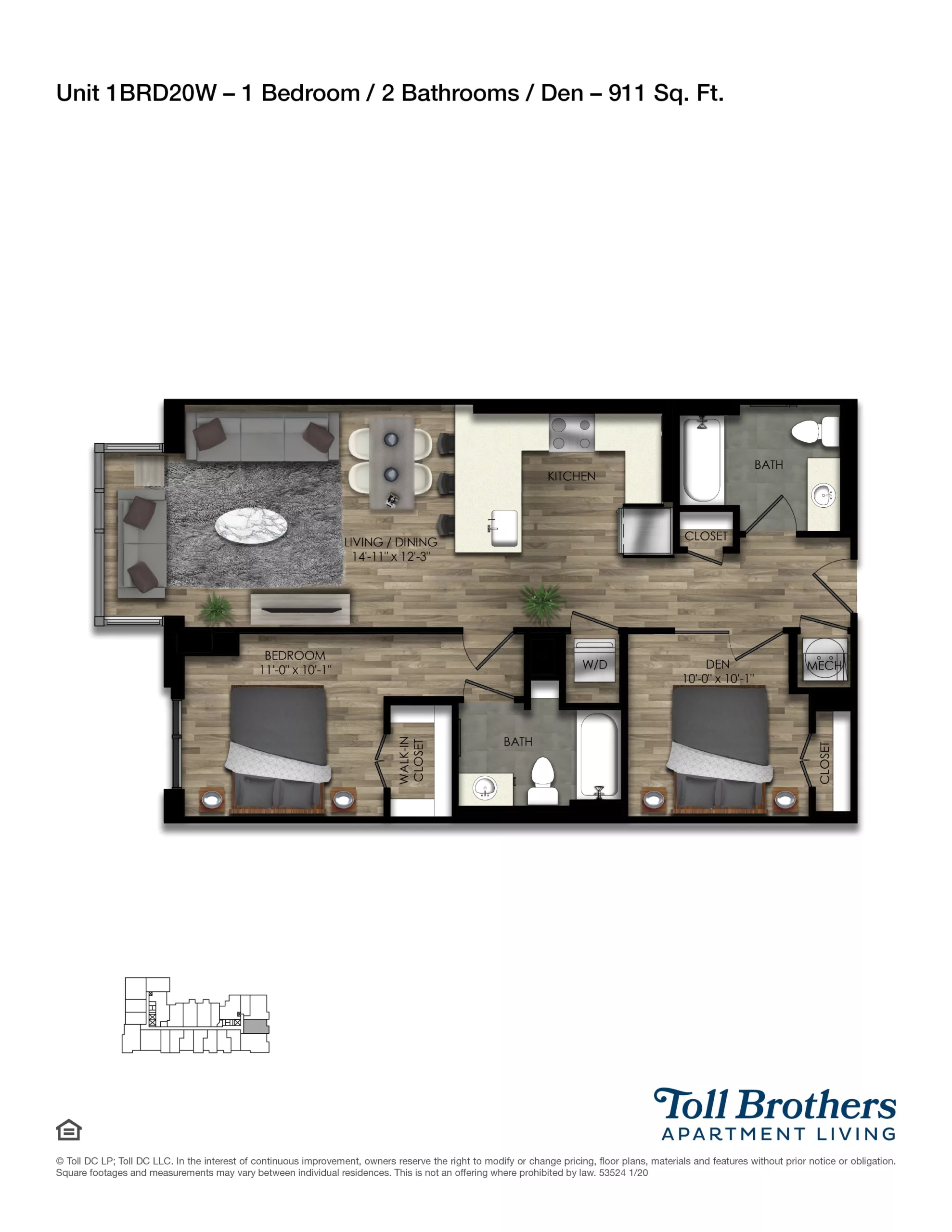 Rendering of the 1 Bed/2 Bath Den-20W floor plan with 1 bedroom[s] and 2 bathroom[s] at Parc Riverside