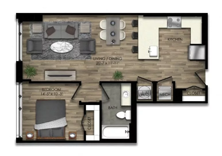 Rendering of the 1 Bed/1 Bath-24W floor plan with 1 bedroom[s] and 1 bathroom[s] at Parc Riverside