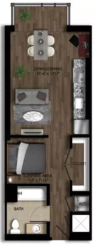 Rendering of the Studio-2E floor plan with a Studio bedroom and 1 bathroom[s] at Parc Riverside