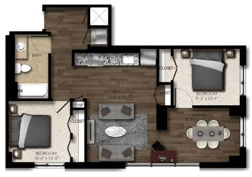 Rendering of the 2 Bed/1 Bath-3E floor plan with 2 bedroom[s] and 1 bathroom[s] at Parc Riverside