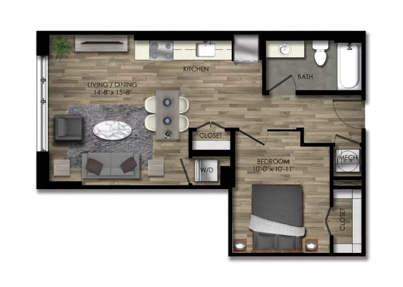 Rendering of the 1 Bed/1 Bath JR-24W floor plan with 1 bedroom[s] and 1 bathroom[s] at Parc Riverside