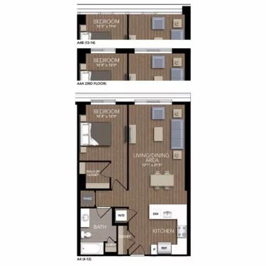 Rendering of the A4B floor plan with 1 bedroom[s] and 1 bathroom[s] at Union Place