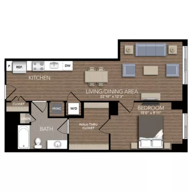 Rendering of the A3B floor plan with 1 bedroom[s] and 1 bathroom[s] at Union Place