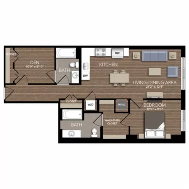 Rendering of the A12 Den floor plan with 1 bedroom[s] and 2 bathroom[s] at Union Place