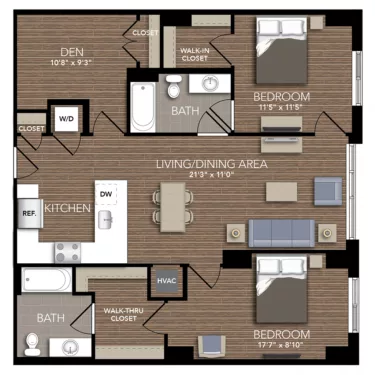 Rendering of the C2B Den floor plan with 2 bedroom[s] and 2 bathroom[s] at Union Place