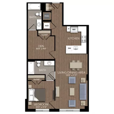 Rendering of the A11 Den floor plan with 1 bedroom[s] and 2 bathroom[s] at Union Place