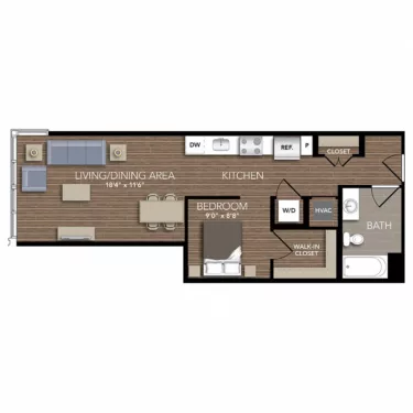 Rendering of the S3 floor plan with a Studio bedroom and 1 bathroom[s] at Union Place
